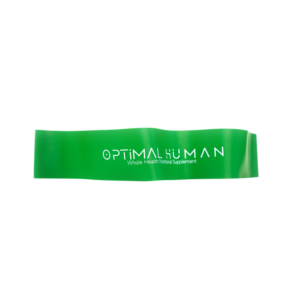Optimal Human - Optimal Human Workout Band — Green flat loop resistance workout band with white 'OPTIMALHUMAN' wordmark and 'Whole Health Natural Supplement' tagline printed on it, product shot on white background