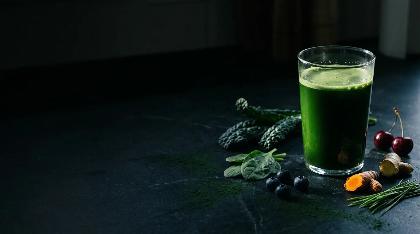 A glass of freshly stirred greens on a dark stone counter, lit from behind, with whole kale, spinach, blueberries, cherries, turmeric and ginger around it