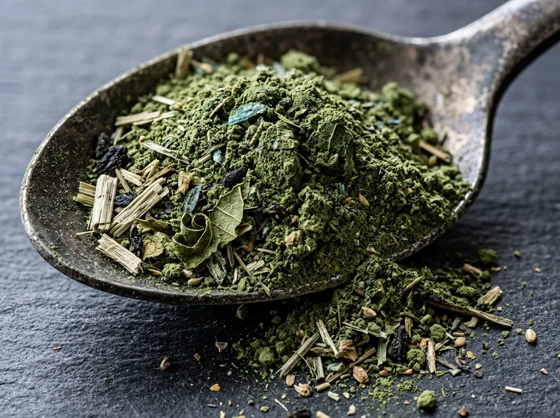 Macro of ground green plant material on a dark spoon