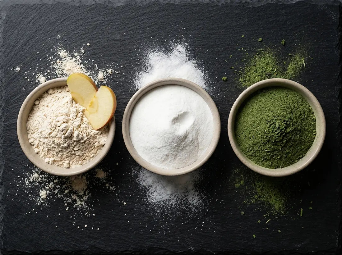 Three bowls side by side holding three different powders