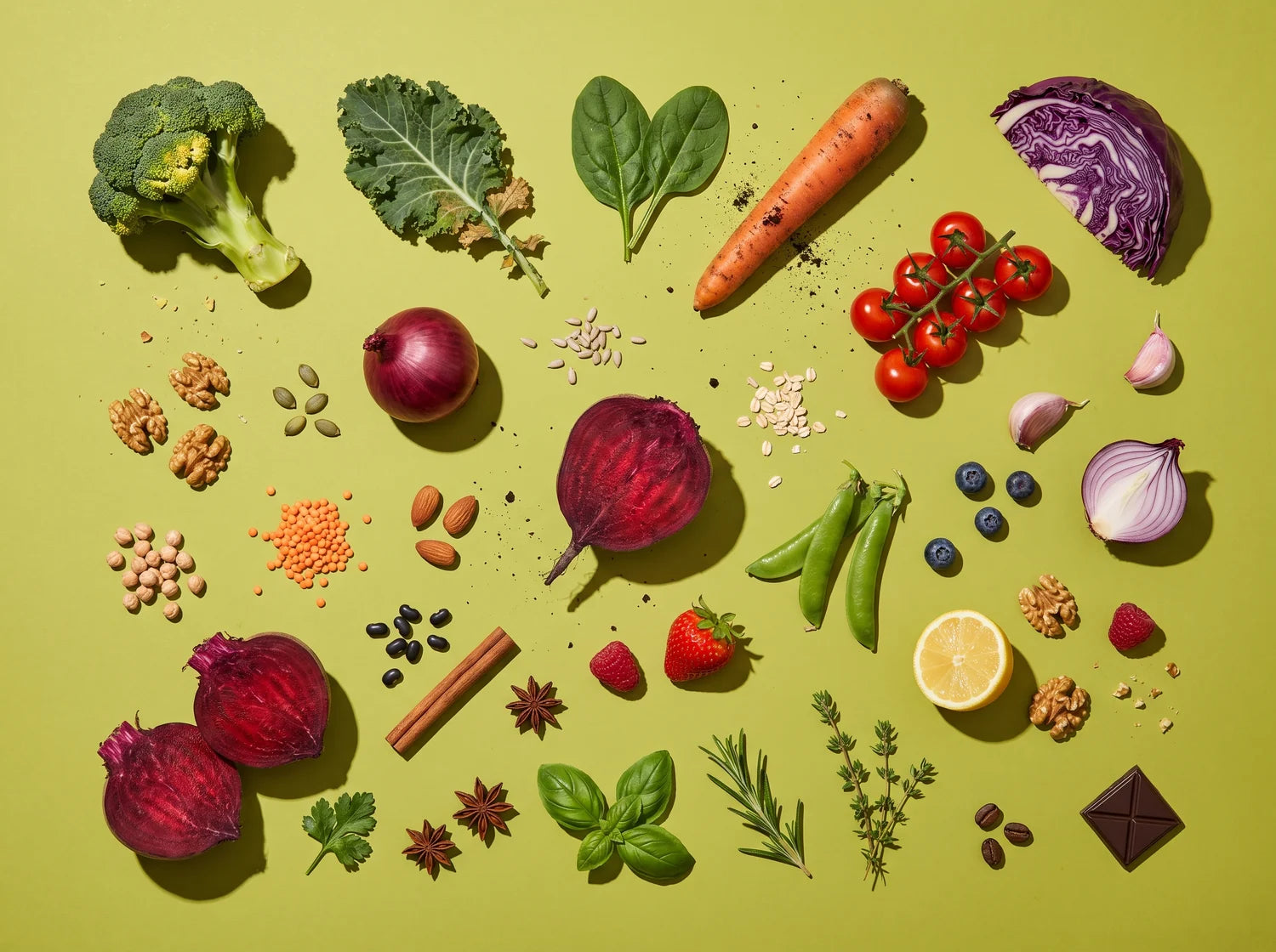 About thirty different vegetables, fruits, nuts, seeds, beans and herbs laid out separately, studio still life on lime paper