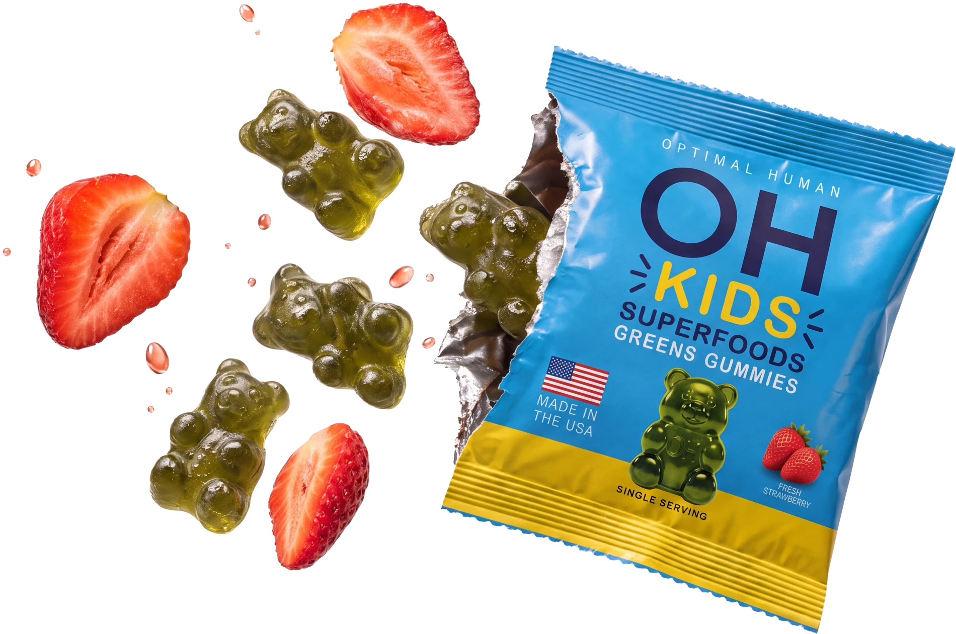 A torn-open single-serve OH Kids Superfoods Greens Gummies pouch with green gummy bears and sliced strawberries bursting out of it