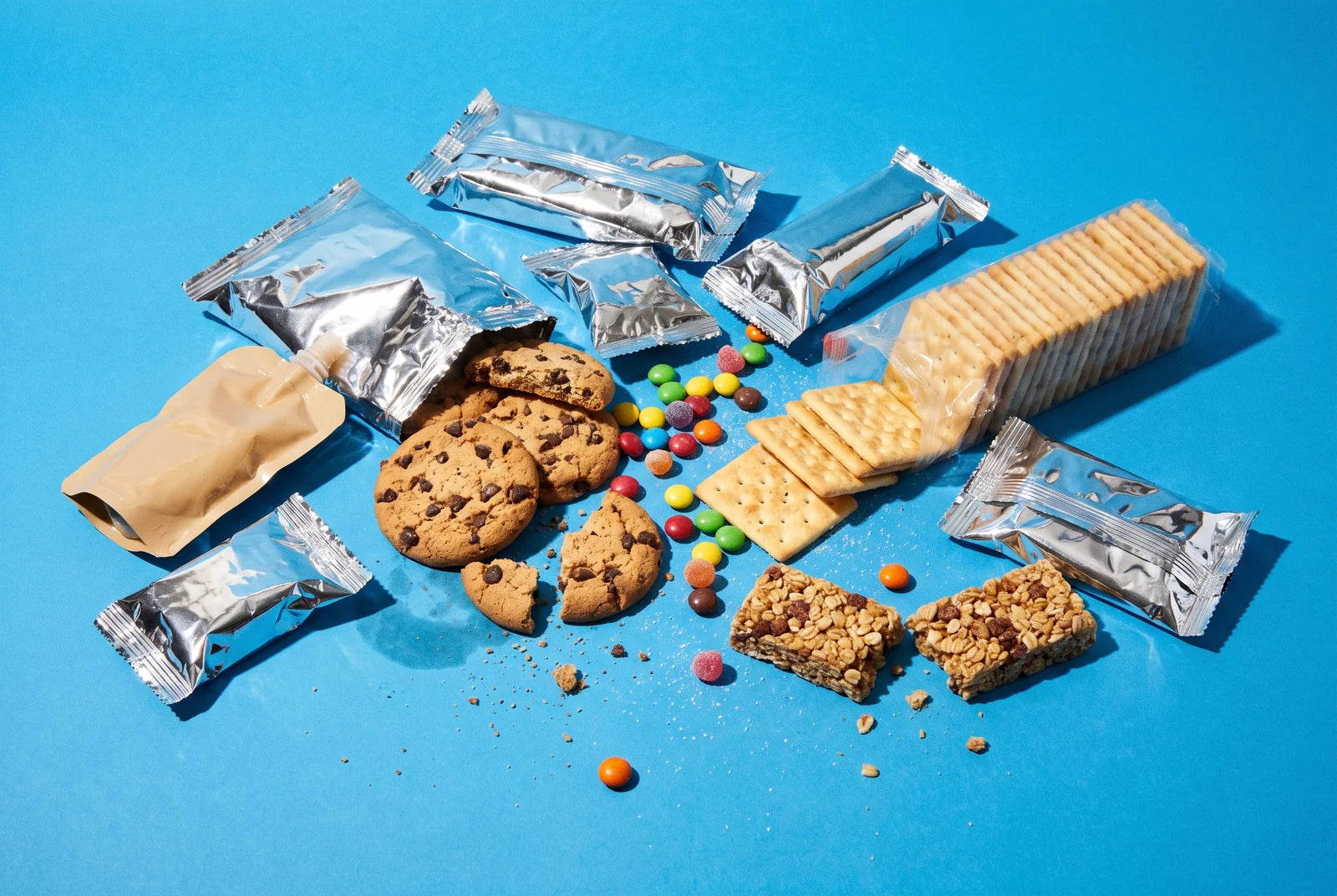 A spilled pile of cookies, crackers, a granola bar and coloured candy, shot with hard flash on a blue backdrop