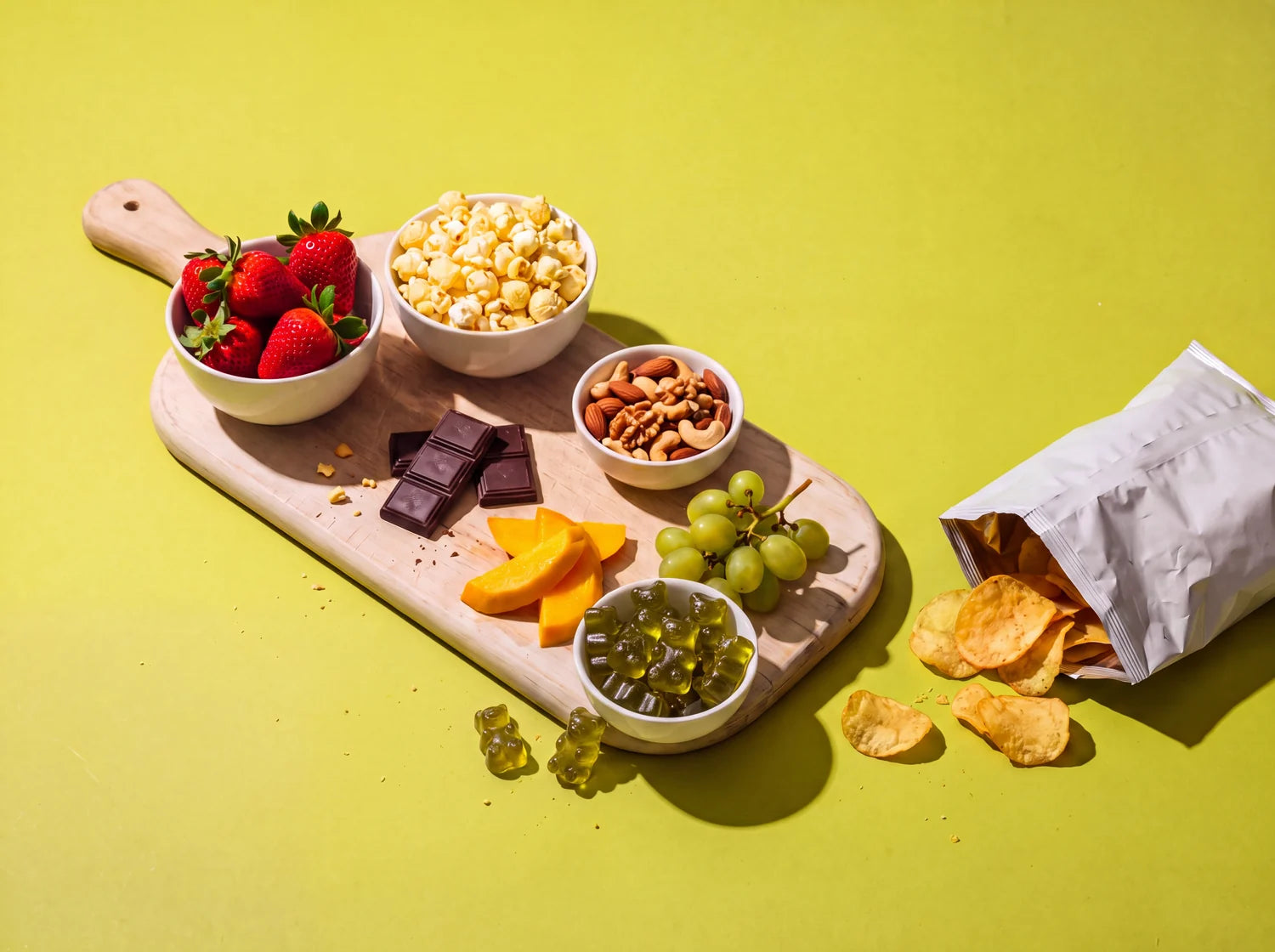 A wooden board of strawberries, popcorn, nuts, dark chocolate, grapes and mango with a small white bowl of green gummy bears at the front, and a crumpled chip bag pushed aside, on lime paper