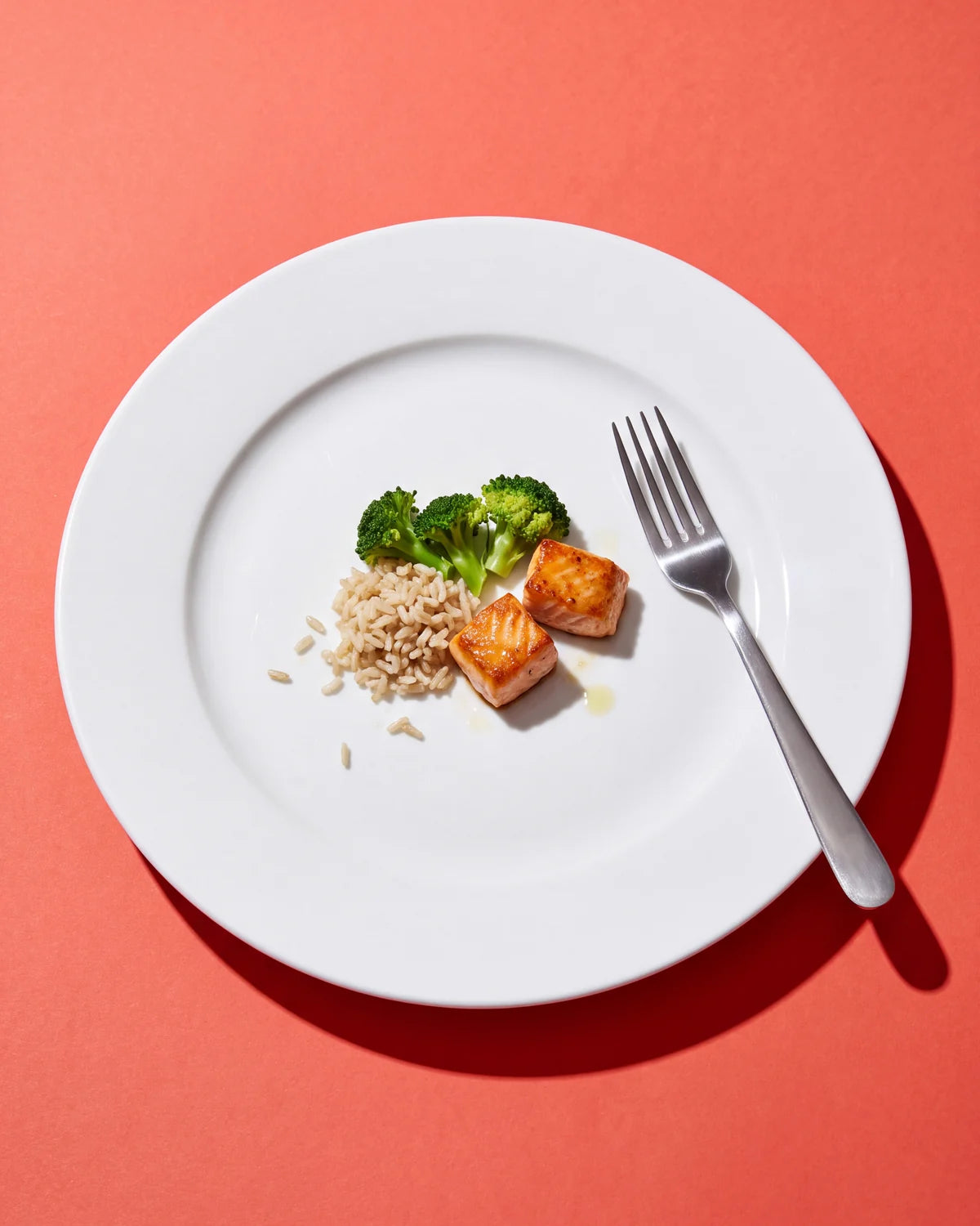 A big white dinner plate holding only a few small bites of food, studio still life on coral paper
