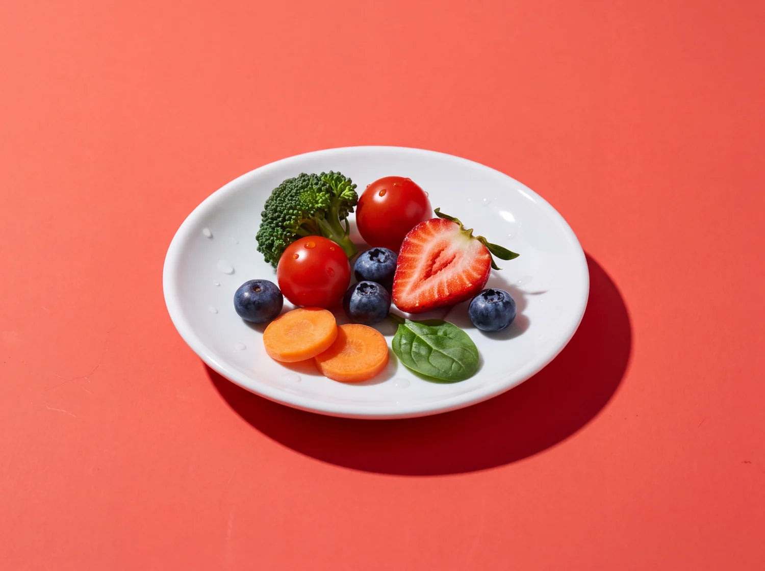 A small plate of carrot slices, spinach, cherry tomatoes, a strawberry and blueberries on coral paper