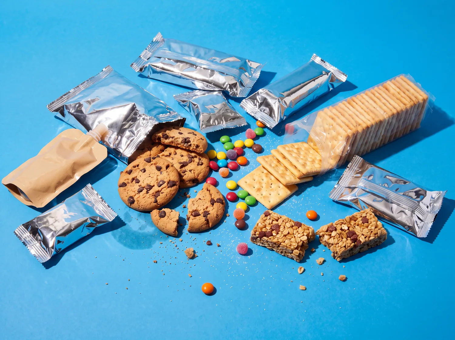A pile of cookies, crackers, candy-coated chocolates, granola bars and foil snack wrappers on blue paper