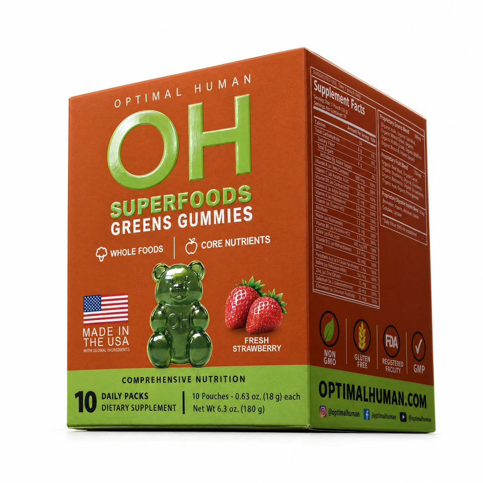 The Superfood Greens Gummies 10-pack box: 10 daily packs, fresh strawberry