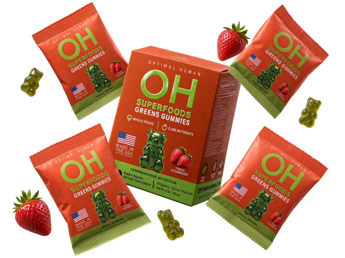 The Optimal Human Superfood Greens Gummies 10-pack box with an open pack of gummies