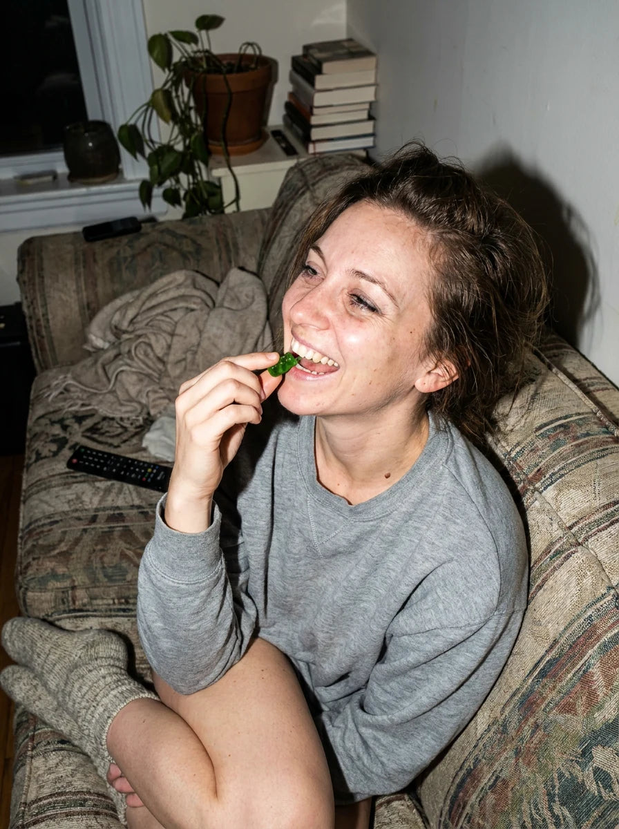 A woman on her couch eating a green gummy