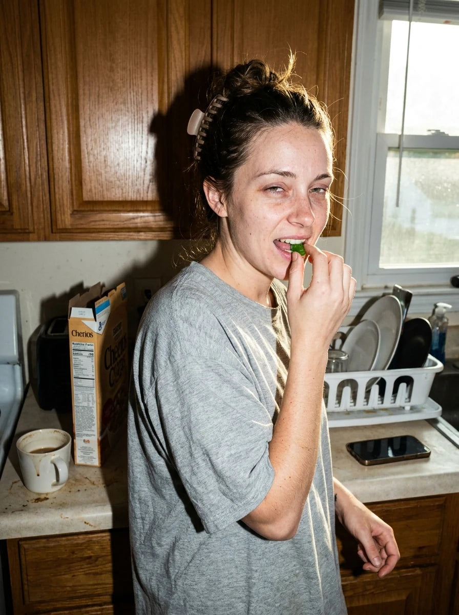 A woman eating a green gummy in her kitchen