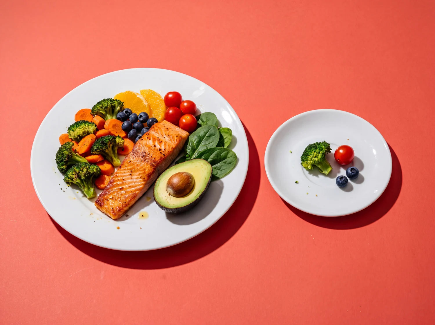 A full dinner plate of salmon, vegetables and fruit beside a tiny saucer holding one broccoli floret, a cherry tomato and two blueberries, on coral paper