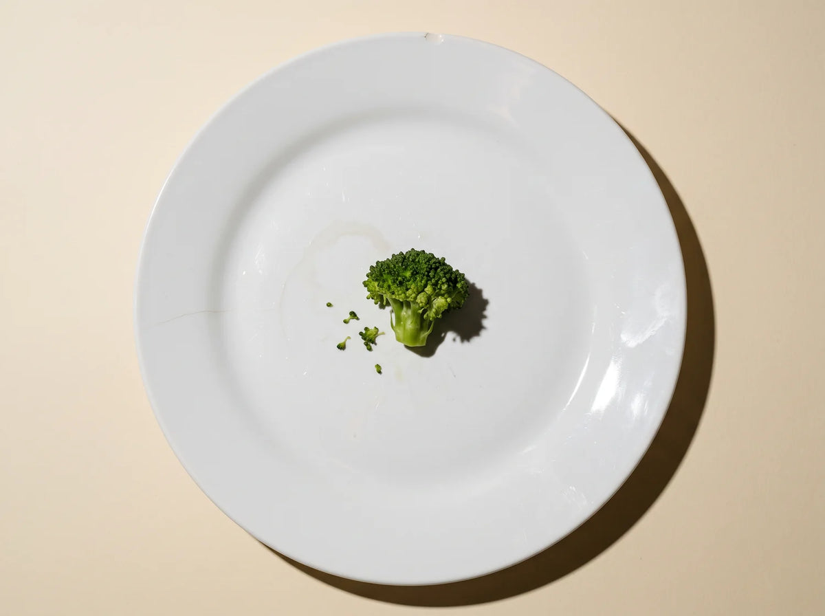 One lonely piece of broccoli left on an empty white plate