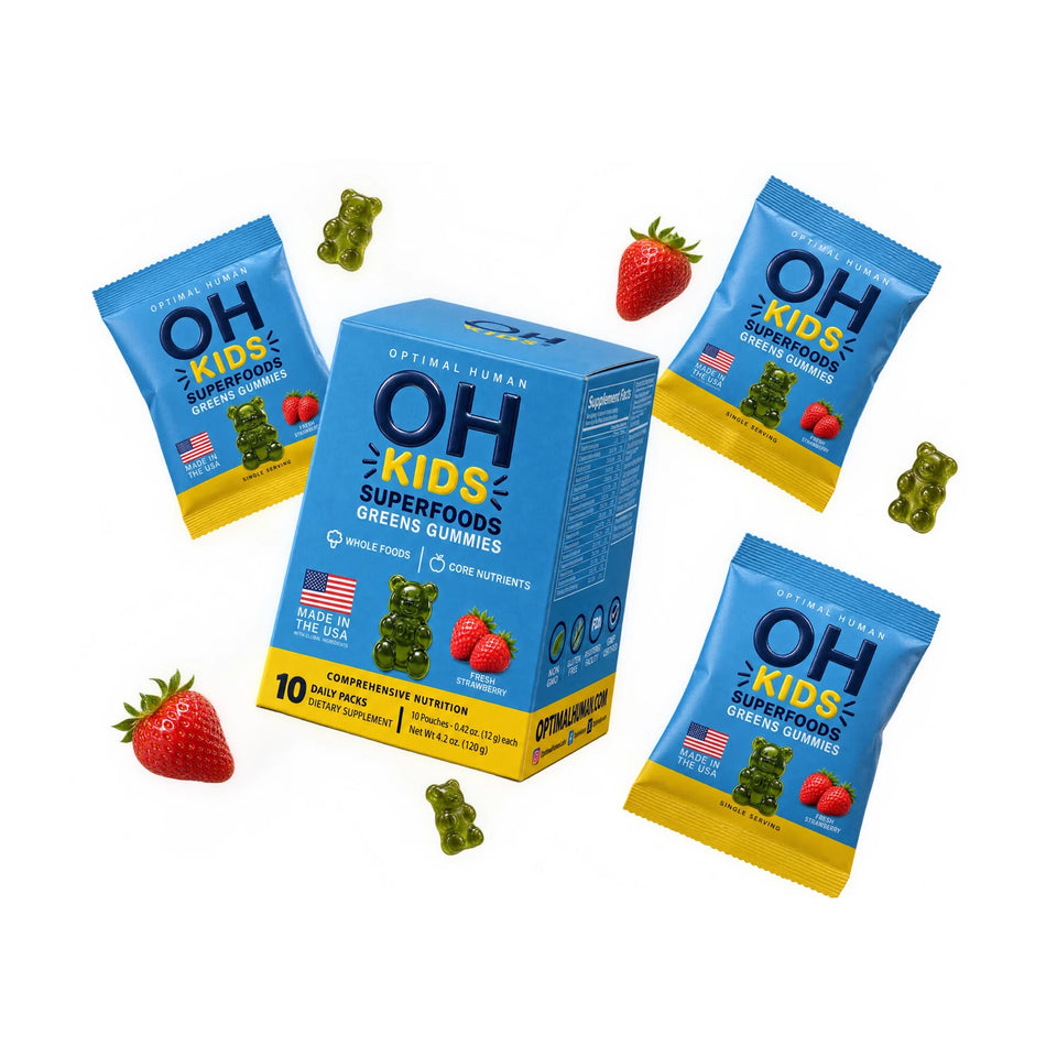 The Superfood Greens Gummies for Kids 10-pack box with four blue kids packs
