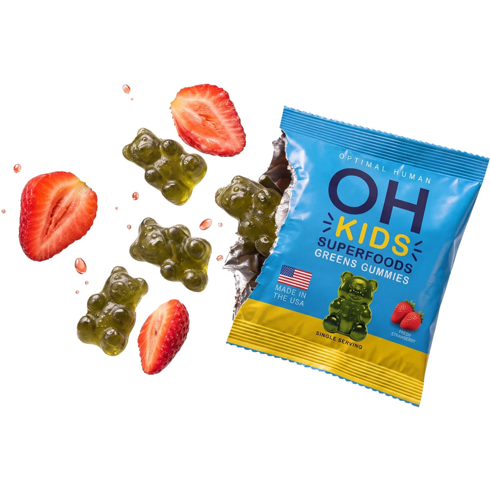 An open OH Kids pack with green gummy bears and strawberries flying out