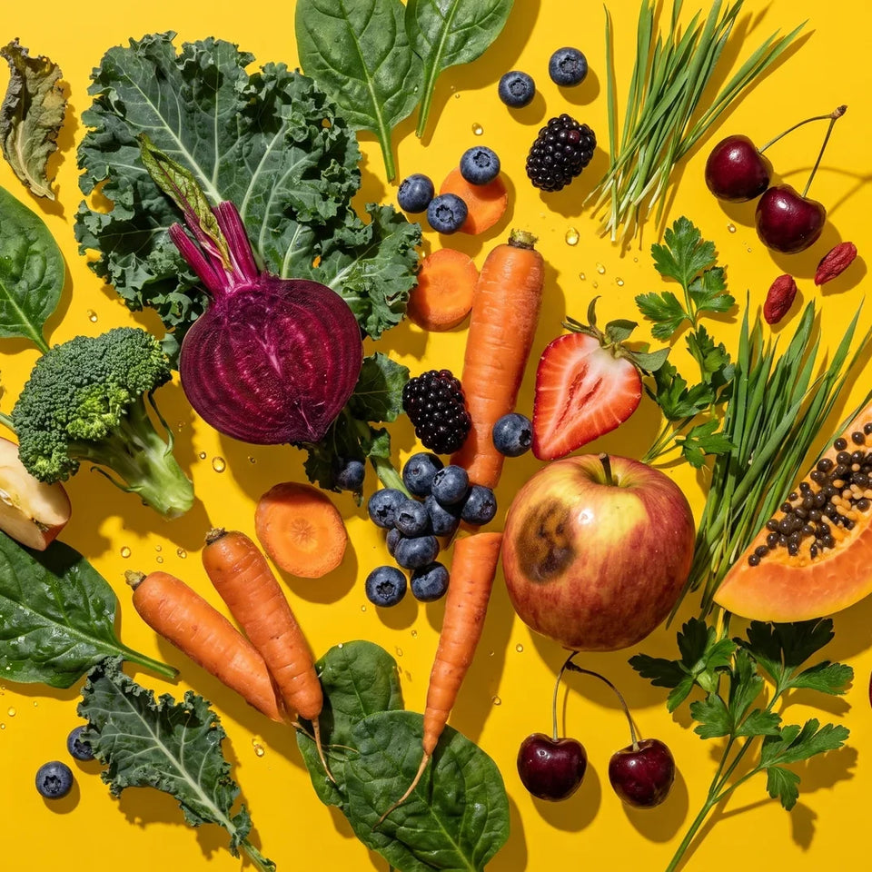 Kale, beets, carrots, berries and other fruits and vegetables on a yellow background