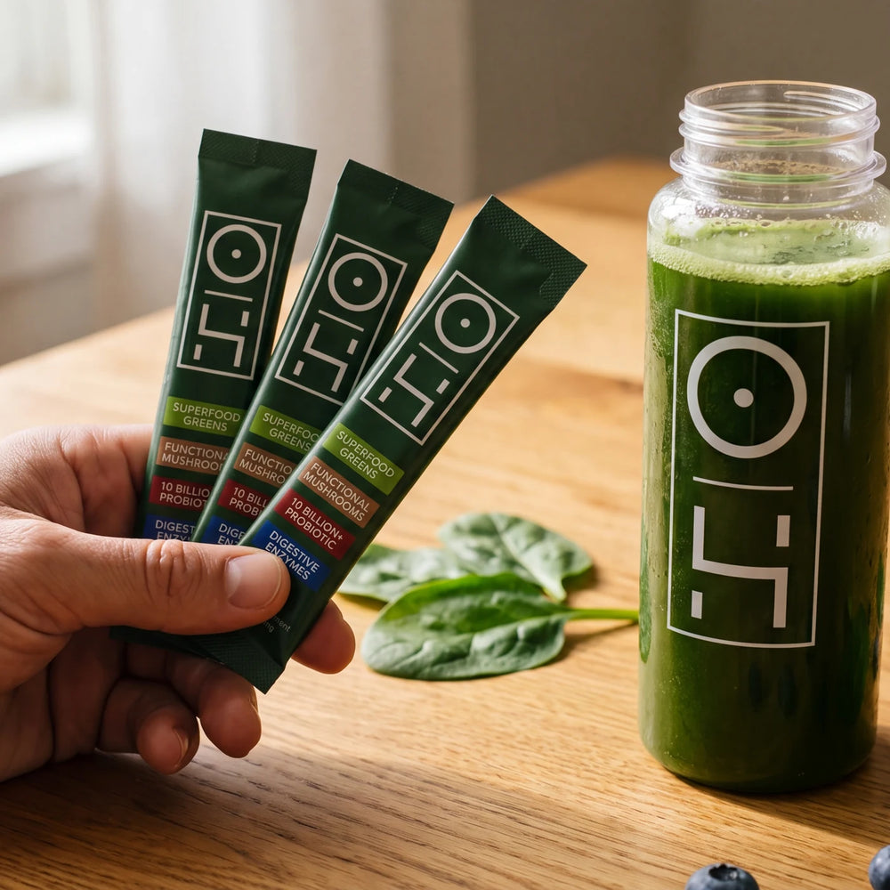 A hand holding three Optimal Human greens stick packs